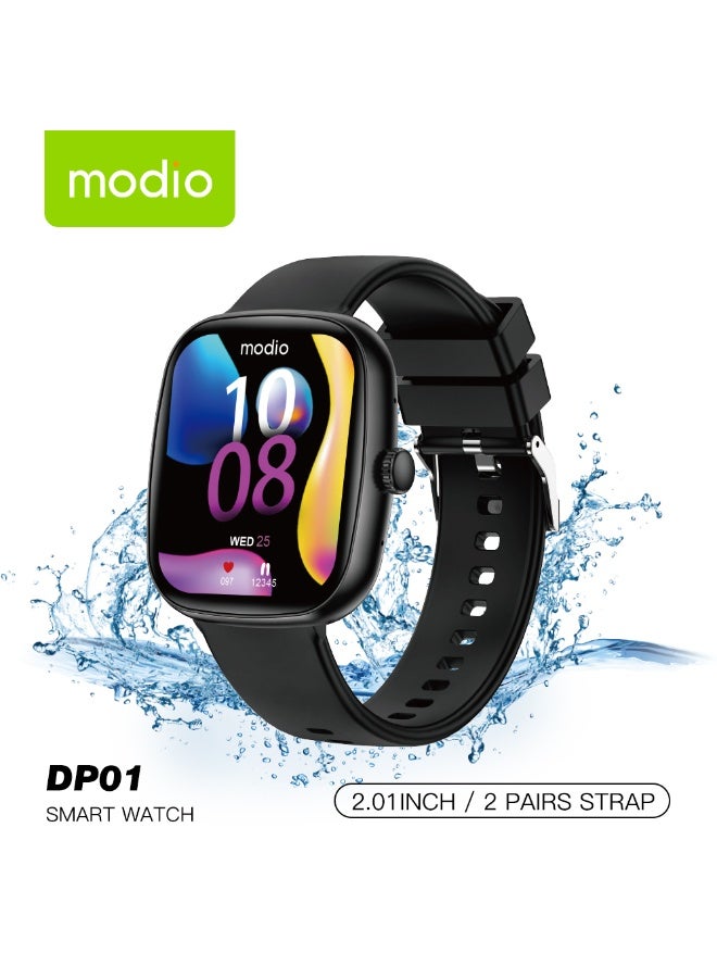 موديو ساعة Modio DP01 الذكية المقاومة للماء، بشاشة لمس كاملة 2.01 بوصة، تدعم مكالمات البلوتوث، مزودة بزوجين من الأساور وكابل شحن، مصممة للرجال والنساء، لون أسود - Image 1